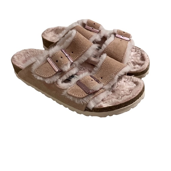 Birkenstock Arizona Shearling Slide Sandals Pink Size 5 Suede Buckle Slip On - Picture 2 of 11